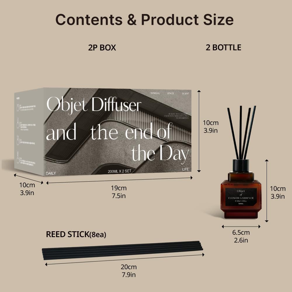 Hetras Objet Diffuser Set (Department Store 1F Scent)–Decorative Aesthetic Home Fragrance | 2-Pack (6.7 Fl.Oz Each) with 8 Reed Sticks | Sophisticated Floral & Musk Aroma | Minimalist Decor & Gift