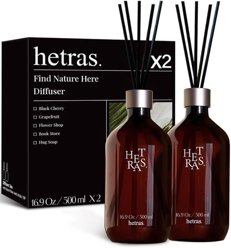 Hetras Premium Reed Diffuser Set (Hotel Wood Scent)–Large Capacity Value 2-Pack | 16.9 Fl.Oz (500Ml) X 2 Bottles with 10 Reed Sticks Total | Warm Woody & Musk Aroma | Luxury Decor & Gift