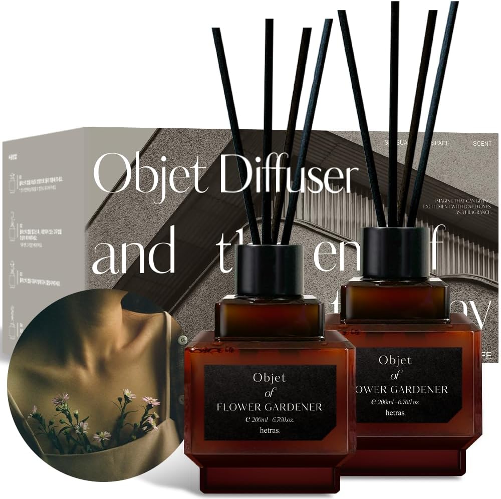 Hetras Objet Diffuser Set (Flower Gardener Scent)–Decorative Aesthetic Home Fragrance | 2-Pack (6.7 Fl.Oz Each) with 8 Reed Sticks | Fresh Green Floral & Dewy Garden Aroma | Minimalist Decor & Gift