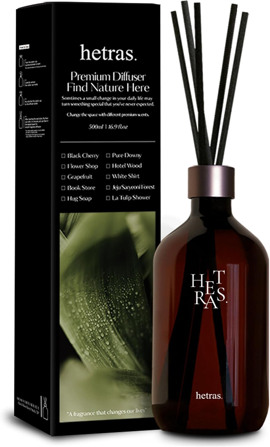 Hetras Premium Reed Diffuser Set (Black Cherry Scent)–Large Capacity Home Fragrance | 16.9 Fl.Oz (500Ml), 1 Pack with 5 Reed Sticks | Rich Sweet Fruity Aroma | Luxury Decor for Home & Office