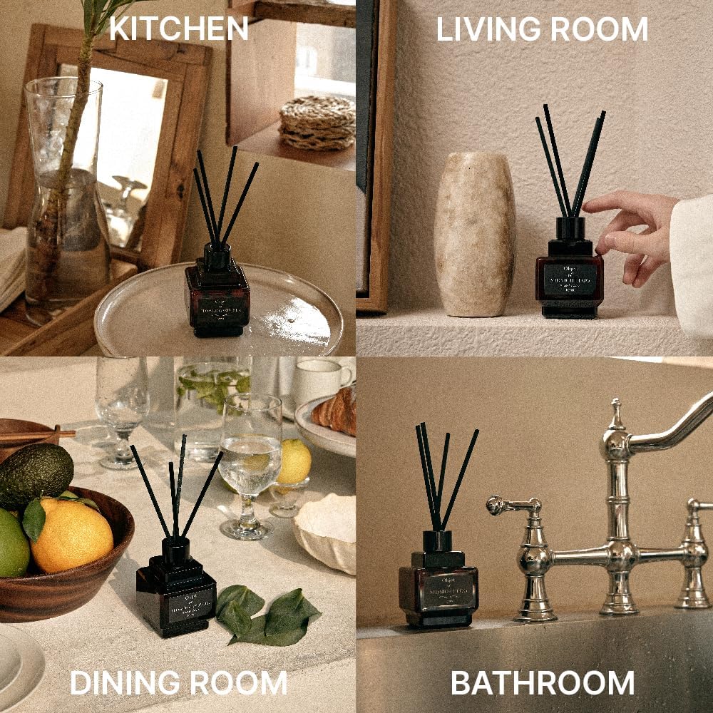 Hetras Objet Diffuser Set (Department Store 1F Scent)–Decorative Aesthetic Home Fragrance | 2-Pack (6.7 Fl.Oz Each) with 8 Reed Sticks | Sophisticated Floral & Musk Aroma | Minimalist Decor & Gift